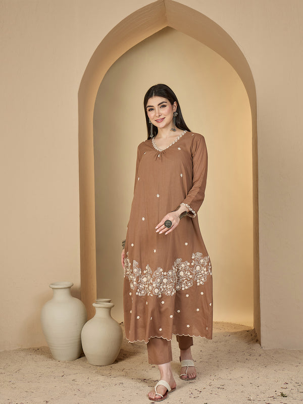 Kimayra Cotton Calf Length Solid 3/4 Sleeves V-Neck A-Line Kurta Suit Set