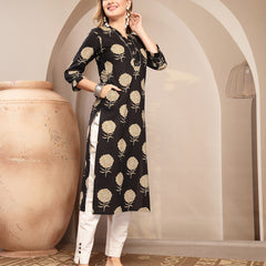 Kimayra Cotton Calf Length Printed 3/4 Sleeve V-Neck Straight Kurta