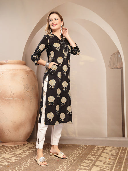 Kimayra Cotton Calf Length Printed 3/4 Sleeve V-Neck Straight Kurta