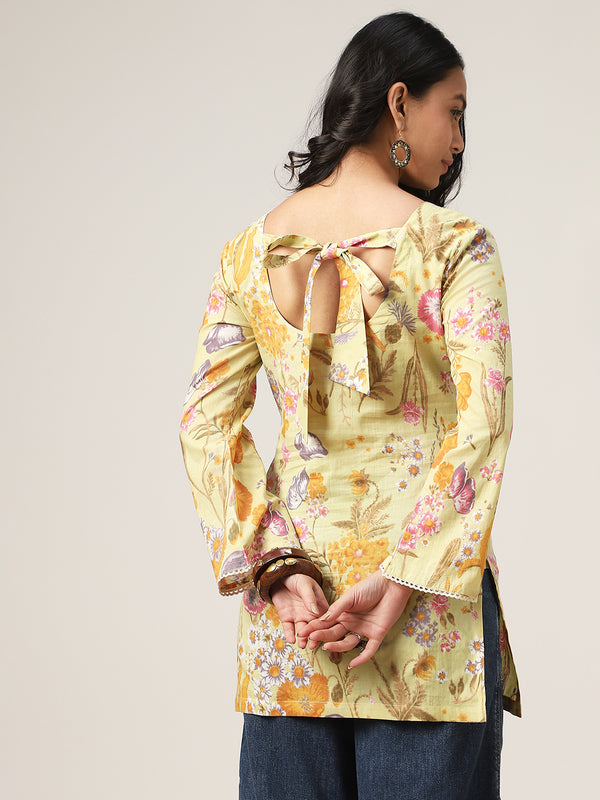 Kimayra Cotton Hip Length Printed Full Sleeve V-Neck Straight Top