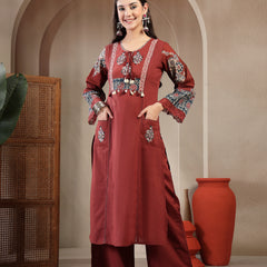 Kimayra Rayon Calf Length Solid 3/4 Sleeve Round Neck Straight Kurta Suit Set