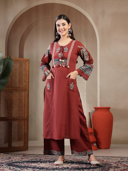 Kimayra Rayon Calf Length Solid 3/4 Sleeve Round Neck Straight Kurta Suit Set