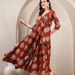 Kimayra Cotton Calf Length Printed 3/4 Sleeve V-Neck Flared Kurta