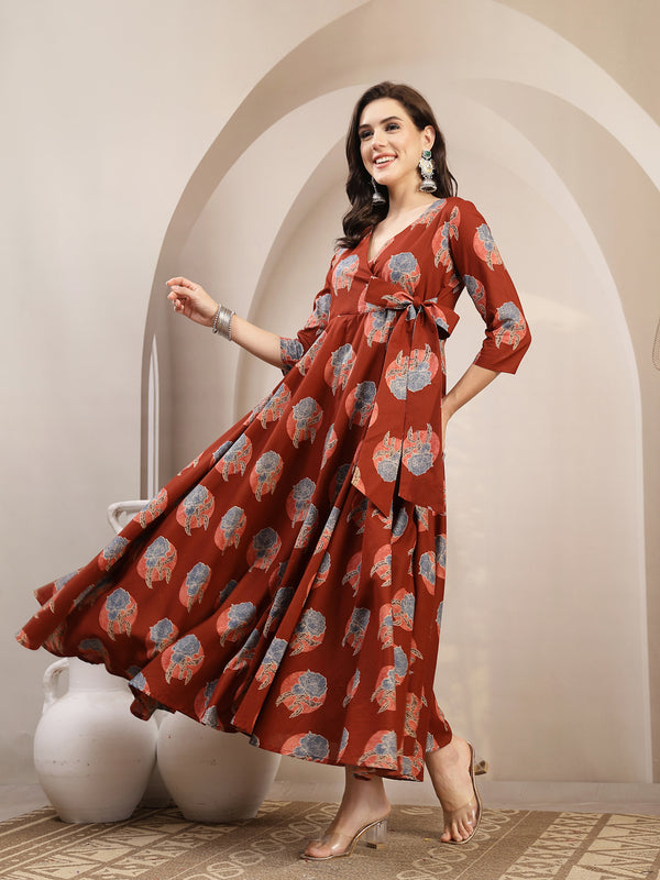 Kimayra Cotton Calf Length Printed 3/4 Sleeve V-Neck Flared Kurta