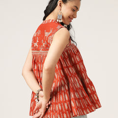 Kimayra Cotton Hip Length Printed Sleeveless Mandarin Collar Flared Top