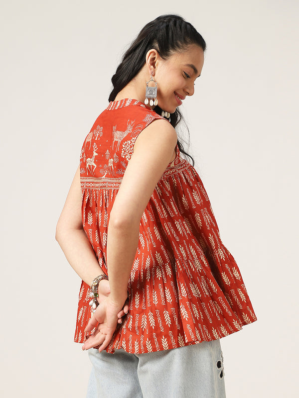 Kimayra Cotton Hip Length Printed Sleeveless Mandarin Collar Flared Top