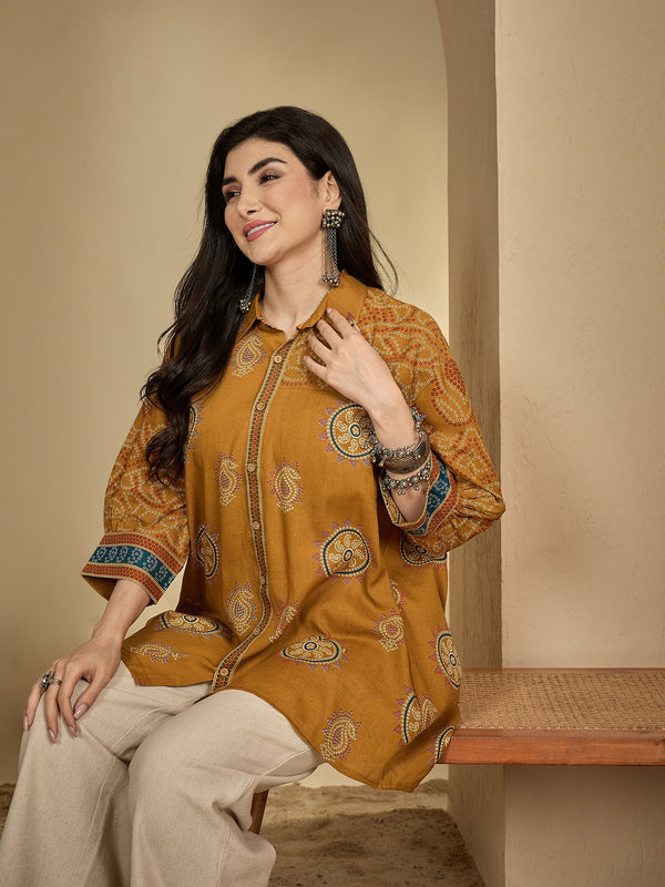 Kimayra Rayon Hip Length Printed 3/4 Sleeve Shirt Collar Flared Top
