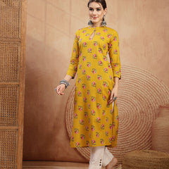 Kimayra Rayon Calf Length Printed 3/4 Sleeve Key Hole Neck Straight Kurta