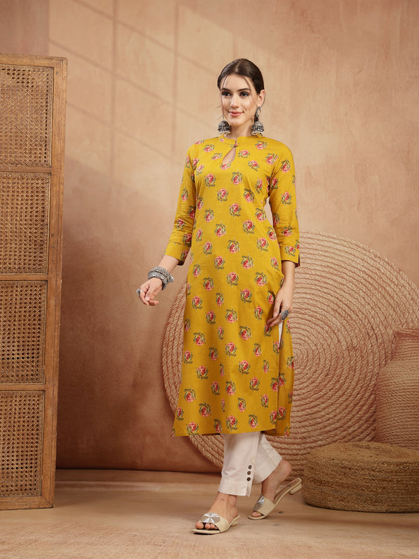 Kimayra Rayon Calf Length Printed 3/4 Sleeve Key Hole Neck Straight Kurta
