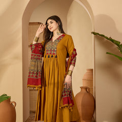 Kimayra Rayon Calf Length Solid 3/4 Sleeve V-Neck Flared Kurta Suit Set