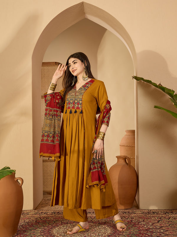 Kimayra Rayon Calf Length Solid 3/4 Sleeve V-Neck Flared Kurta Suit Set
