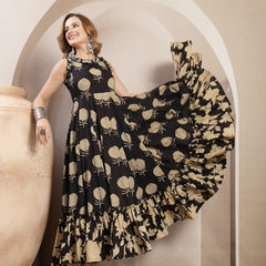 Kimayra Cotton Calf Length Printed Sleeveless Round Neck Flared Dress