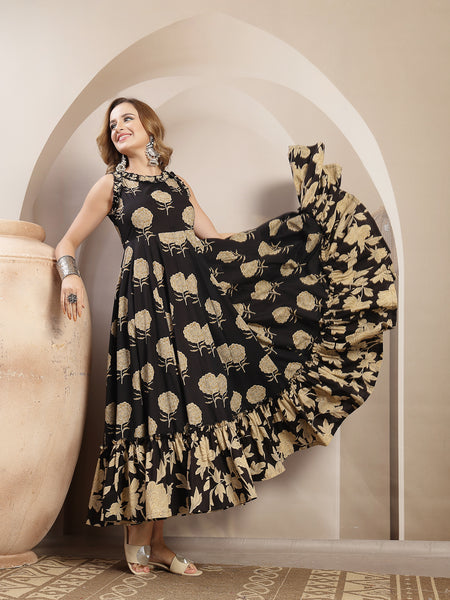 Kimayra Cotton Calf Length Printed Sleeveless Round Neck Flared Dress