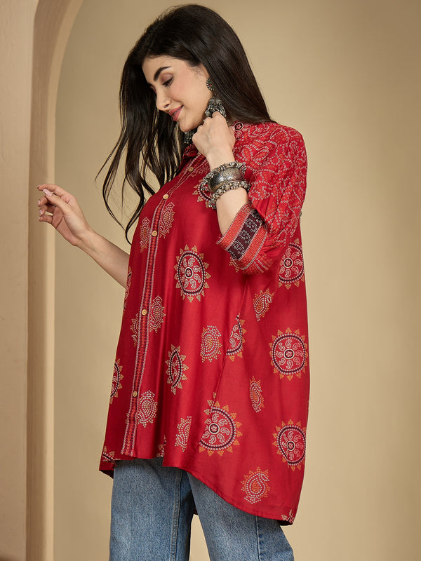 Kimayra Rayon Hip Length Printed 3/4 Sleeve Shirt Collar Flared Top