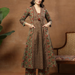 Kimayra Cotton Calf Length Printed 3/4 Sleeve V-Neck Flared Kurta Suit Set