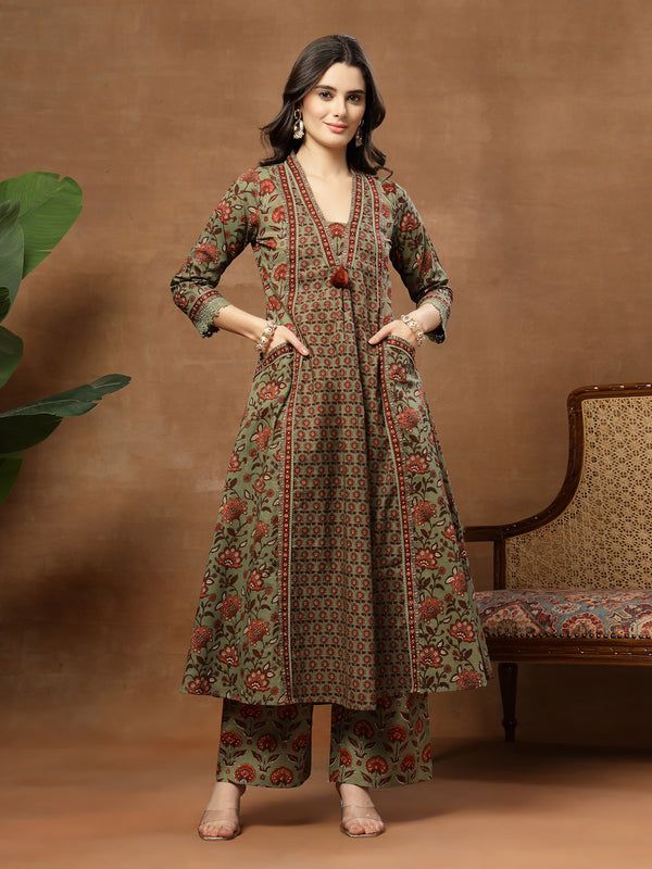 Kimayra Cotton Calf Length Printed 3/4 Sleeve V-Neck Flared Kurta Suit Set