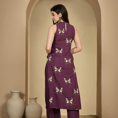 Kimayra Rayon Calf Length Printed Sleeveless Round Neck A-Line Kurta Suit Set