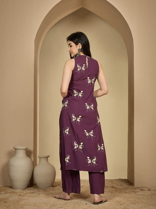 Kimayra Rayon Calf Length Printed Sleeveless Round Neck A-Line Kurta Suit Set
