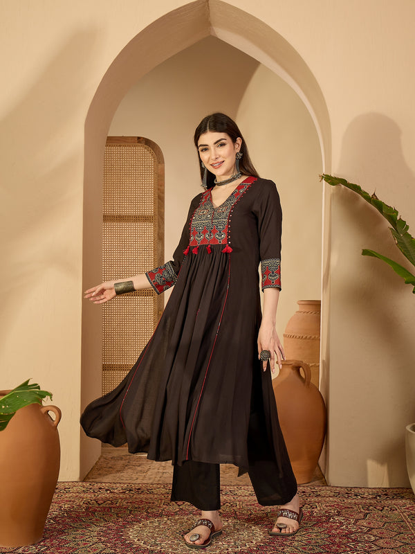 Kimayra Rayon Calf Length Solid 3/4 Sleeve V-Neck Flared Kurta Suit Set