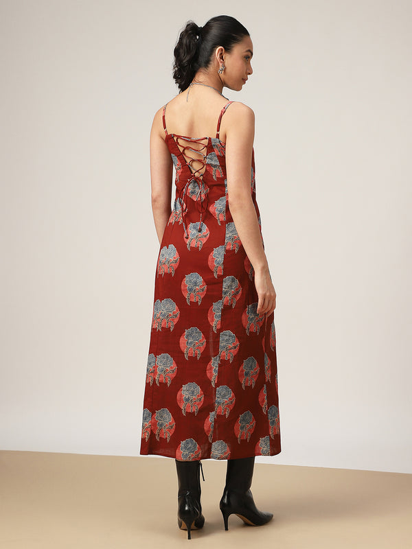 Kimayra Cotton Calf Length Printed Sleeveless Square Neck Straight Dress