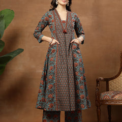 Kimayra Cotton Calf Length Printed 3/4 Sleeve V-Neck Flared Kurta Suit Set