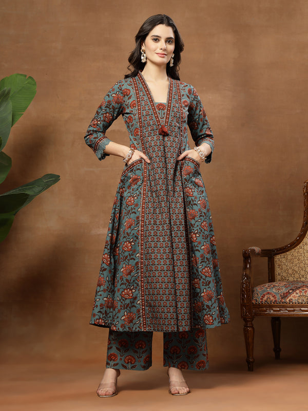 Kimayra Cotton Calf Length Printed 3/4 Sleeve V-Neck Flared Kurta Suit Set