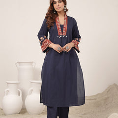 Kimayra Cotton Calf Length Solid 3/4 Sleeve V-Neck Flared Kurta Suit Set