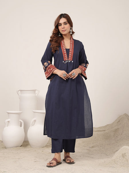 Kimayra Cotton Calf Length Solid 3/4 Sleeve V-Neck Flared Kurta Suit Set