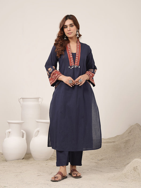Kimayra Cotton Calf Length Solid 3/4 Sleeve V-Neck Flared Kurta Suit Set