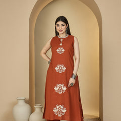 Kimayra Cotton Calf Length Printed Sleeveless Round Neck Straight Kurta Suit Set