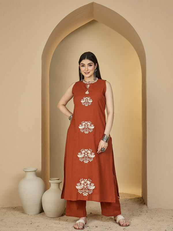 Kimayra Cotton Calf Length Printed Sleeveless Round Neck Straight Kurta Suit Set