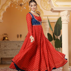 Kimayra Cotton Calf Length Printed Full Sleeves Round Neck Anarkali Kurta Suit Set