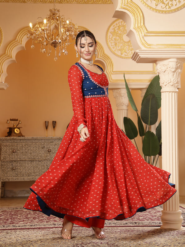 Kimayra Cotton Calf Length Printed Full Sleeves Round Neck Anarkali Kurta Suit Set