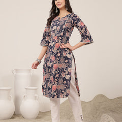 Kimayra  Calf Length Printed 3/4 Sleeve Round Neck Straight Kurta