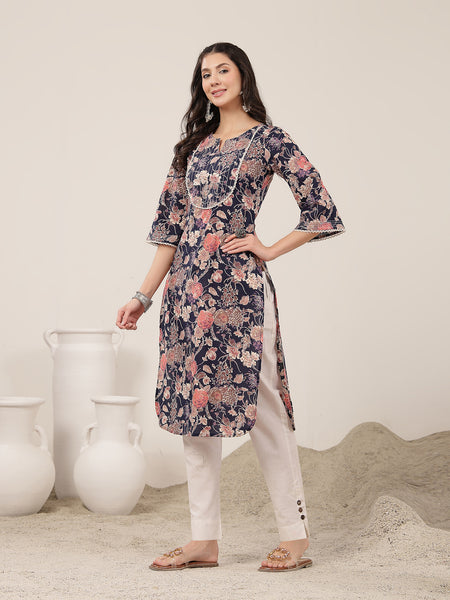 Kimayra  Calf Length Printed 3/4 Sleeve Round Neck Straight Kurta