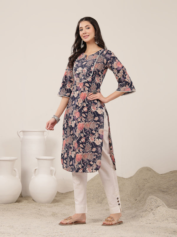 Kimayra  Calf Length Printed 3/4 Sleeve Round Neck Straight Kurta