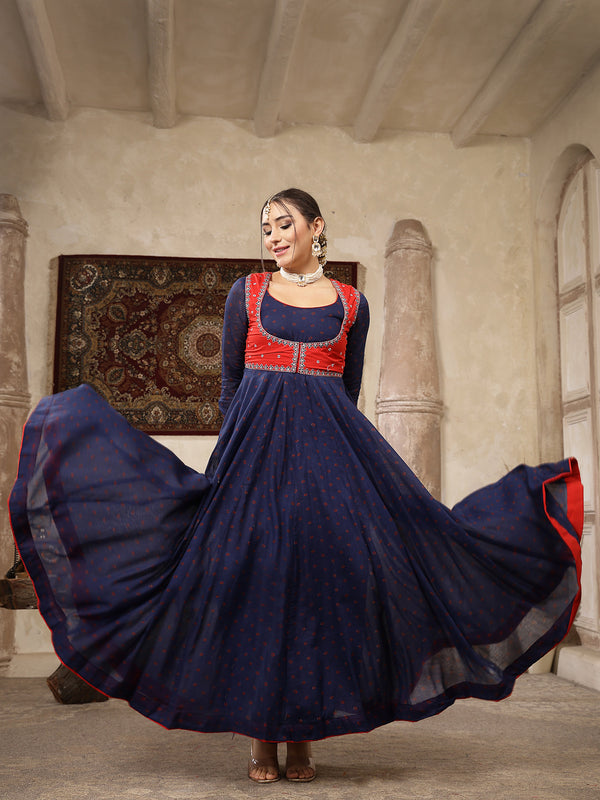 Kimayra Cotton Calf Length Printed Full Sleeves Round Neck Anarkali Kurta Suit Set