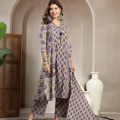 Kimayra Cotton Calf Length Printed 3/4 Sleeve V-Neck A-Line Kurta Suit Set
