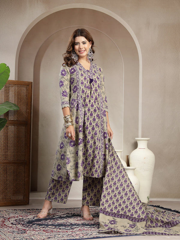 Kimayra Cotton Calf Length Printed 3/4 Sleeve V-Neck A-Line Kurta Suit Set