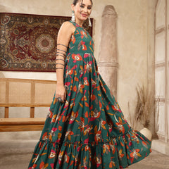 Kimayra Cotton Calf Length Printed Sleeveless Key Hole Neck Flared Kurta