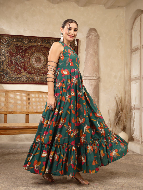 Kimayra Cotton Calf Length Printed Sleeveless Key Hole Neck Flared Kurta