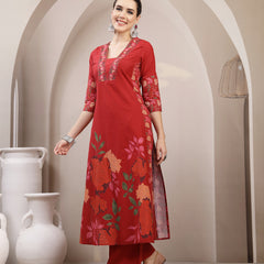 Kimayra Rayon Calf Length Printed 3/4 Sleeve V-Neck A-Line Kurta Suit Set