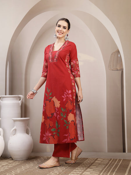 Kimayra Rayon Calf Length Printed 3/4 Sleeve V-Neck A-Line Kurta Suit Set