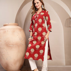 Kimayra Cotton Calf Length Printed 3/4 Sleeve V-Neck Straight Kurta