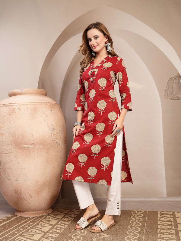 Kimayra Cotton Calf Length Printed 3/4 Sleeve V-Neck Straight Kurta