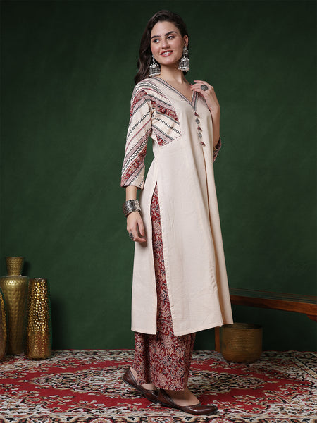 Kimayra Cotton Flex Calf Length Solid 3/4 Sleeves V-Neck Straight Kurta Suit Set