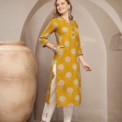 Kimayra Cotton Calf Length Printed 3/4 Sleeve V-Neck Straight Kurta