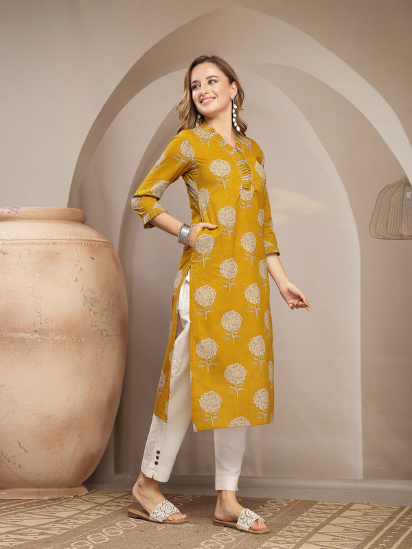 Kimayra Cotton Calf Length Printed 3/4 Sleeve V-Neck Straight Kurta