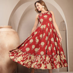 Kimayra Cotton Calf Length Printed Sleeveless Round Neck Flared Dress