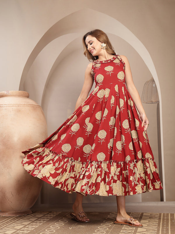 Kimayra Cotton Calf Length Printed Sleeveless Round Neck Flared Dress